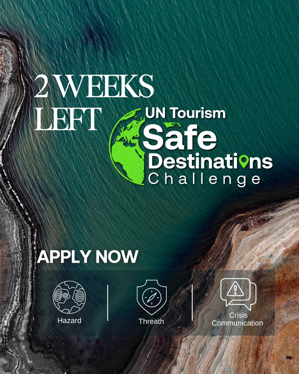 UNWTOAcademy's tweet image. ⏰ Just 2 WEEKS LEFT!

Have a bold idea to protect tourism from disaster, conflict or cyber threats?
The UN Tourism SAFE-D Challenge wants to hear from you. 💡
Apply now ➡️ untourism.int/un-tourism-saf…
#UNTourism #StartupChallenge #TourismResilience #CrisisReady #InnovationForGood