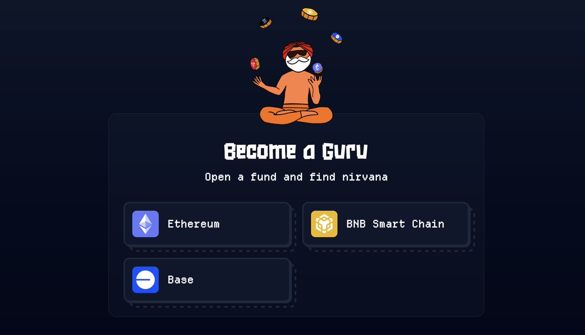 Guru 🌀 BSC Now Live

The dApp now supports the creation of ETH, Base, and BSC funds!

With three major EVM chains now integrated, Guru is leading the way as a first mover with industry-leading features across the ecosystem.