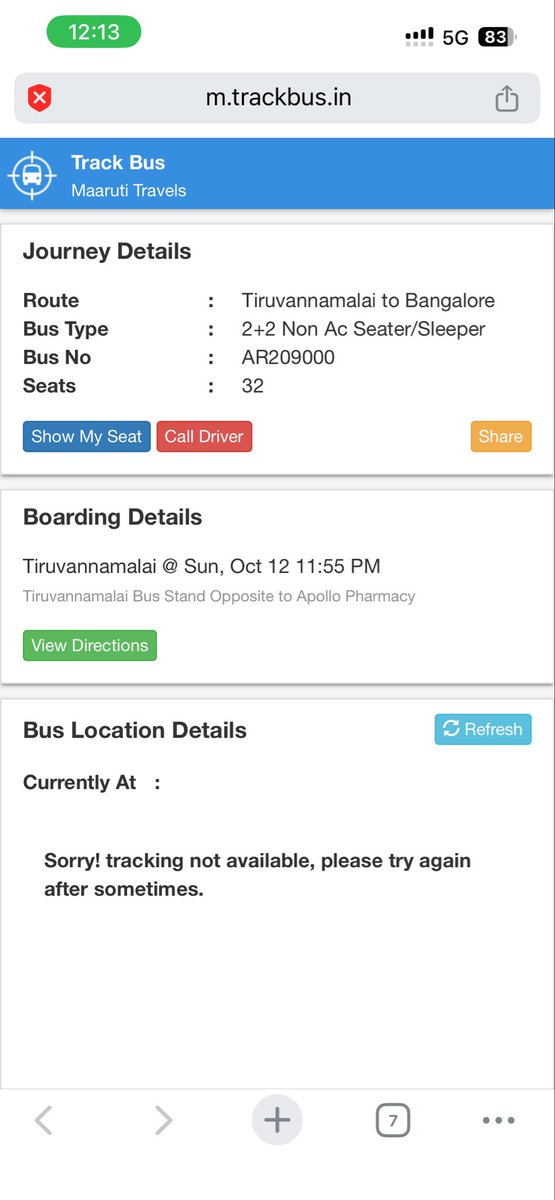 TopG176707's tweet photo. @redBus_in Booked a bus on @redBus_in with boarding at 11:55 PM. I reached 15 mins early and waited for over an hour — no live tracking, no driver response. They say the bus came at 12:40 AM and still denied my refund. So delays are fine now? Great job RedBus 👏 https://t.co/pH1jdXH3NP