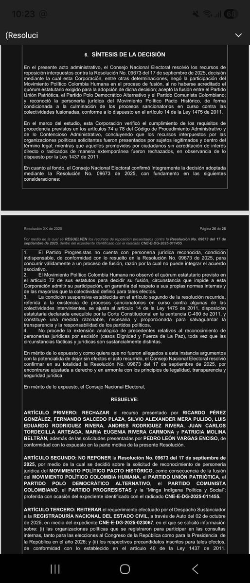 #EnDesarrollo El magistrado del CNE, Altus Baquero, presentó ponencia en la que niega la reposición presentada por Colombia Humana y Progresistas, buscando modificar la resolución que los excluye de la fusión de la personería del Pacto Histórico. Si la Sala Plena del CNE aprueba