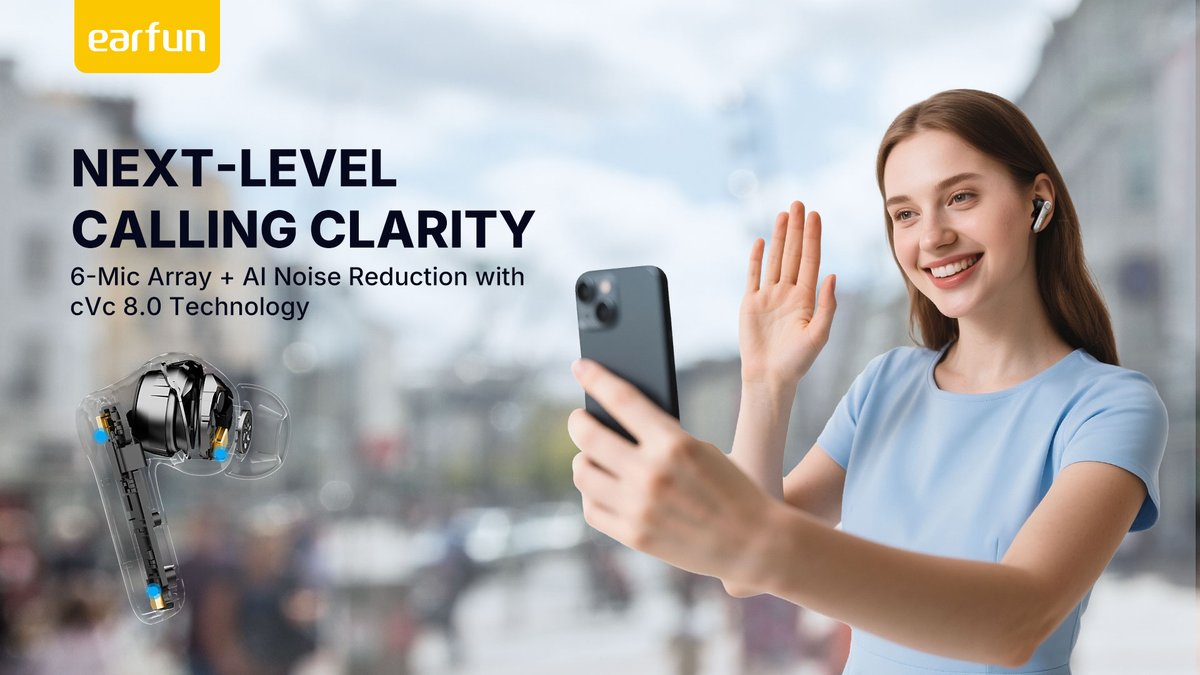 EarFunAudio's tweet image. 🎙️ Speak clearly, anywhere.
 EarFun Air Pro 4+ features 6-Mic AI Noise Reduction + cVc 8.0 for crystal-clear calls in any environment.
🔥 30% OFF Early Bird Special!
👉 budurl.me/ch11eabd
#EarFunAirPro4Plus #ClearCalls #NoiseReduction #cVc8 #EarFun #EarlyBirdDeal
