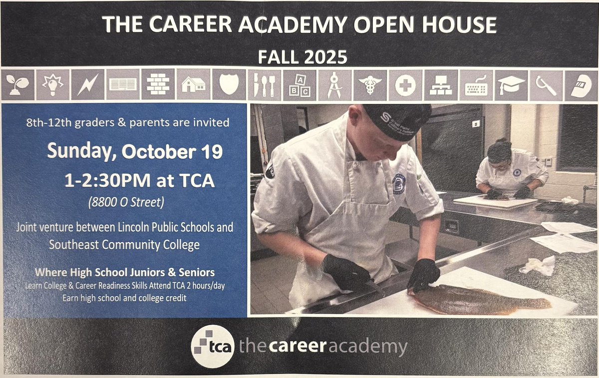 The Career Academy Open House
Sunday, October 19
1:00 - 2:30 at TCA (8800 O St)