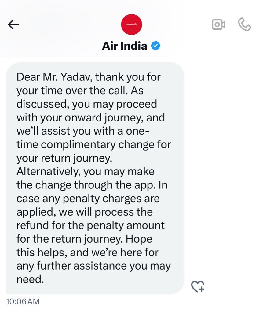 Need urgent help from <a href="/airindia/">Air India</a> <a href="/MoCA_GoI/">MoCA_GoI</a> <a href="/DGCAIndia/">DGCA</a> — your Twitter team confirmed the first modification on my LHR–DEL booking would be complimentary and any penalty refunded. I paid the charge as advised but there’s been no response or refund despite repeated DMs. PNR: 9C5F3X