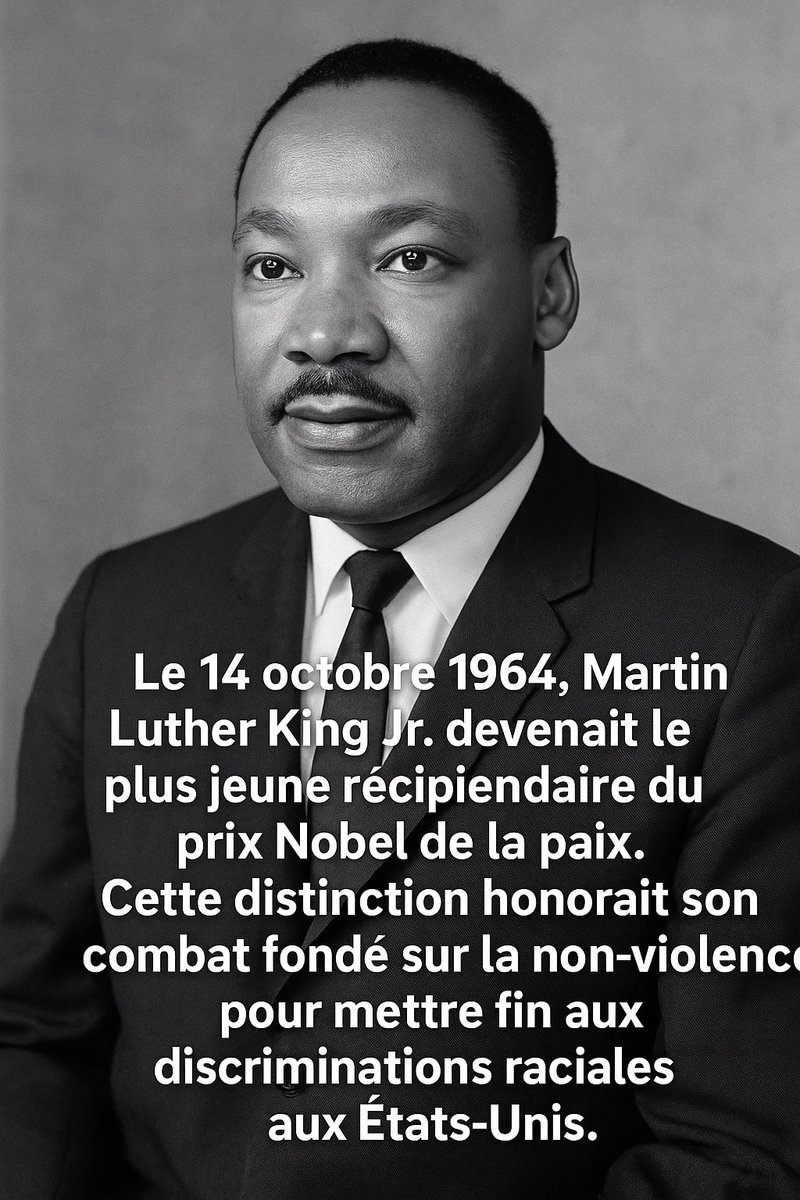 jrigaldupont's tweet image. Le 14 octobre 1964, Martin Luther King Jr. devenait le plus jeune récipiendaire du prix Nobel de la paix.
Cette distinction honorait son combat fondé sur la non-violence pour mettre fin aux discriminations raciales aux États-Unis.

#MartinLutherKing #NobelPeacePrize