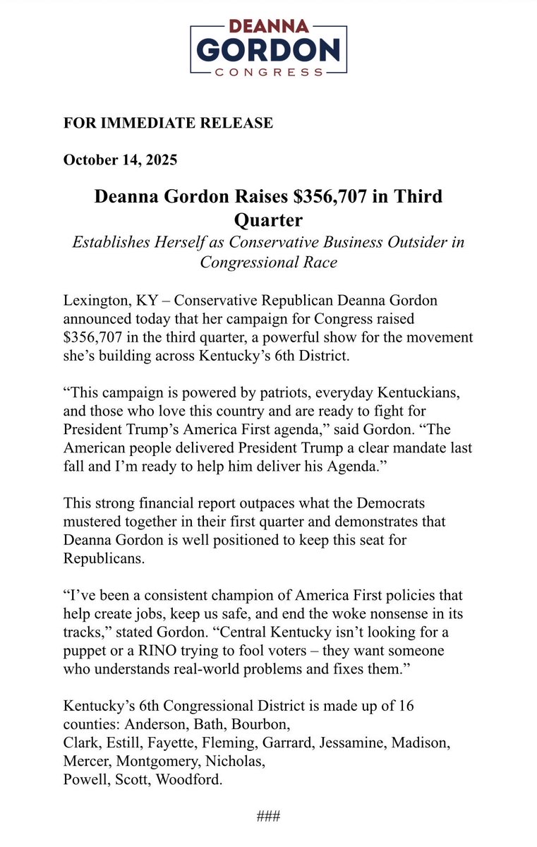 Strong support and strong momentum! Thank you for a solid fundraising quarter. I look forward to fighting for Trump’s Agenda in Congress. #KY06