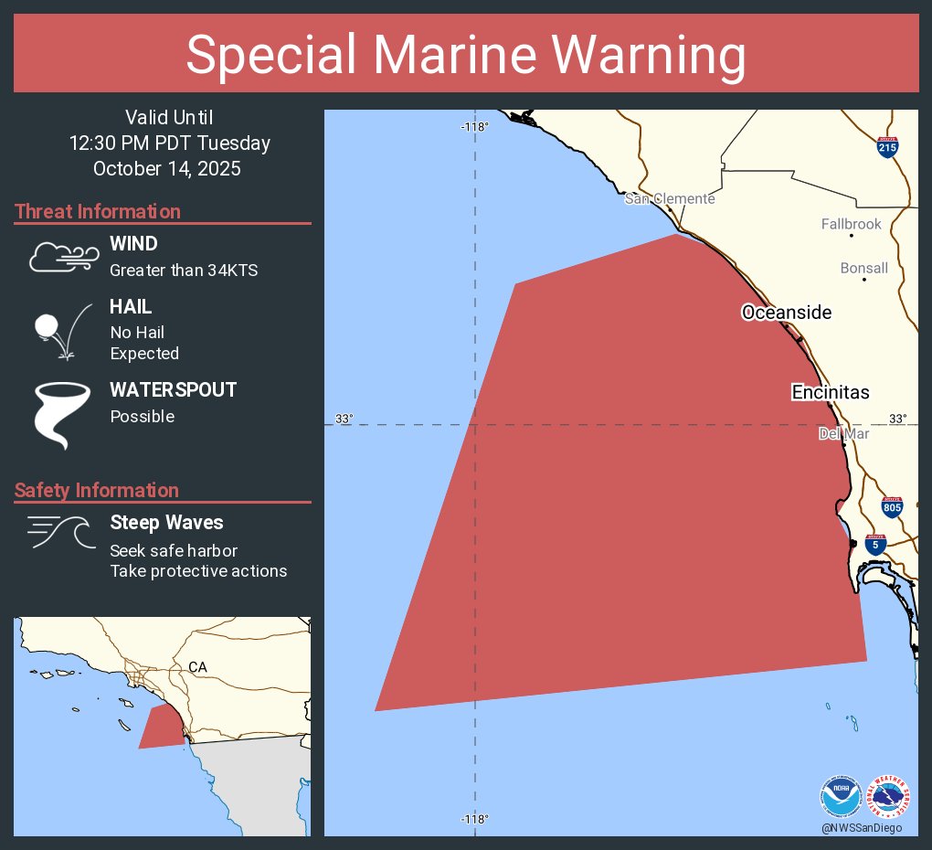 Special Marine Warning including the Waters from San Mateo point to the Mexican Border Extending 10 to 60 nm out including San Clemente Island and Coastal Waters from San Mateo Point to the Mexican Border and out to 10 nm until 12:30 PM PDT