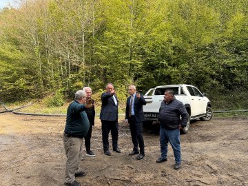 First image shows several men including one in suit gesturing near a white pickup truck in a forested area with green trees and dirt ground. Second image depicts three men in suits standing beside a green Sunward excavator on a dirt slope surrounded by trees and excavation dirt. Third image captures four men walking along a dirt path in a dense green forest with one in suit leading. Fourth image shows four men walking on a dirt trail amid green trees and foliage with one in suit holding glasses.