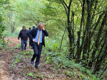 First image shows several men including one in suit gesturing near a white pickup truck in a forested area with green trees and dirt ground. Second image depicts three men in suits standing beside a green Sunward excavator on a dirt slope surrounded by trees and excavation dirt. Third image captures four men walking along a dirt path in a dense green forest with one in suit leading. Fourth image shows four men walking on a dirt trail amid green trees and foliage with one in suit holding glasses.
