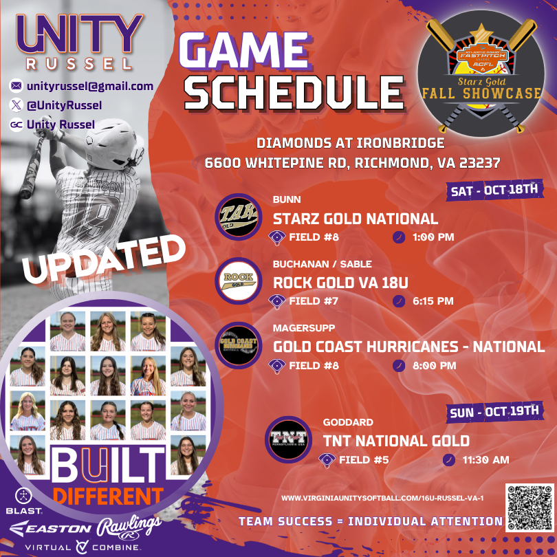 UnityRussel's tweet image. *Schedule Update* Back on the 🥎 diamond Oct 18 & 19 in Richmond VA for the @thealliancefp Starz Gold Fall Showcase. Great group of games & competitors. Let’s get after it & seize the opportUNITY!!! #UnityStrong #RaiseTheStandard
@VAUnitySB @UnityCoachJosh @ExtraInningSB…