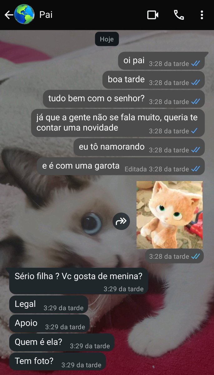 contei pro meu pai que tô namorando uma garota 
ele foi bem fofo