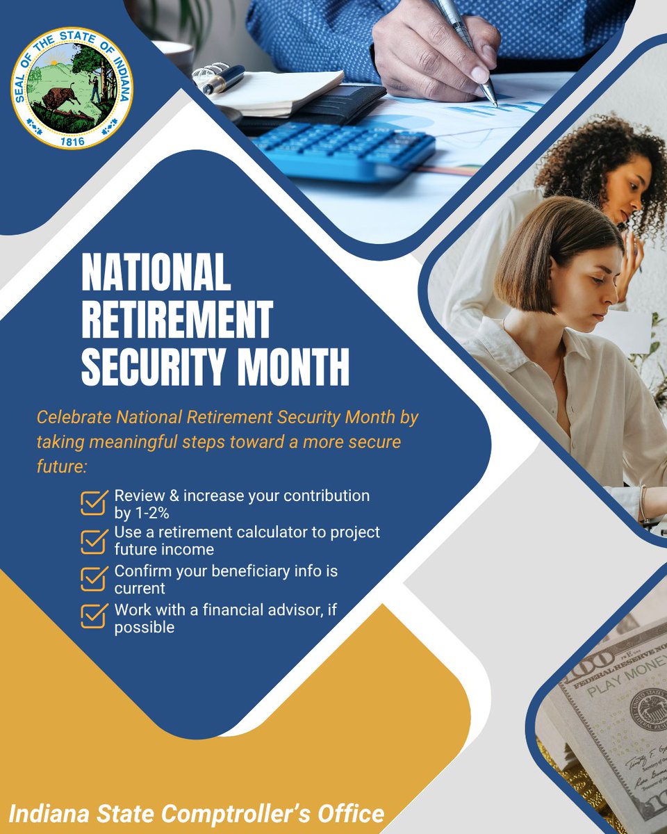 Comp_Nieshalla's tweet image. It’s #RetirementSecurityMonth!
Hoosiers—whether early, mid or late career—can take simple, budget-friendly steps toward long-term financial stability.
State employees: in.gov/comptroller/ho…