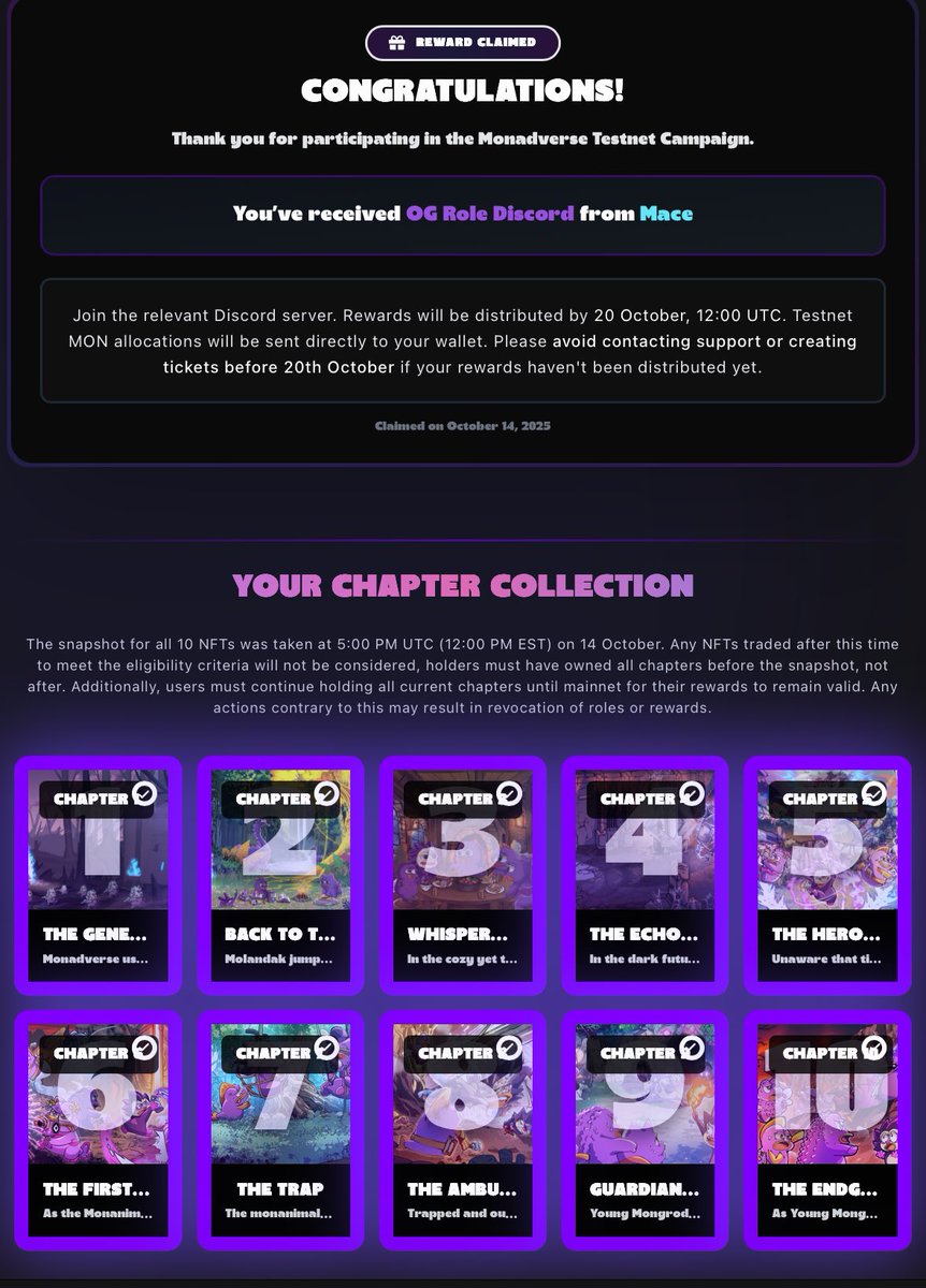 Si tienen los 10 capítulos de <a href="/monadverse/">Monadverse ⨀</a> vayan a fijarse sus recompensas 👀

Por mi parte recibí el rol OG para el discord de <a href="/mace_ag/">Mace (mainnet arc)</a>  😅

¿Cómo les fue a ustedes? 💬