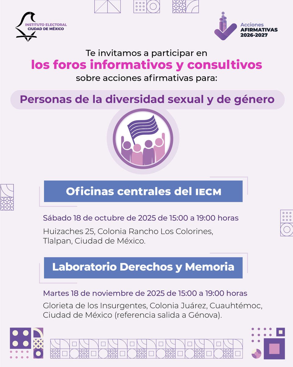 Personas de la diversidad sexual y de género, les esperamos este 18 de octubre de 15:00 a 19:00 hrs en el IECM.
Vengan a compartir sus ideas y fortalecer las acciones afirmativas que impulsan la participación de todas las identidades y expresiones de género en la Ciudad.