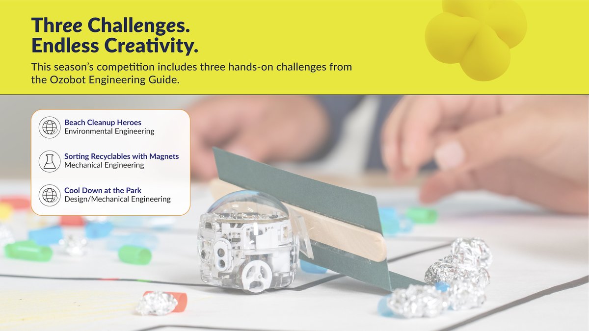 Ozobot's tweet image. We’re thrilled to launch the Ozobot Code & Conquer Challenge Series—a global, virtual competition where K–2 students will Think Like Engineers and tackle real-world problems through creativity, coding, and teamwork!
This season’s challenges include three activities from the…