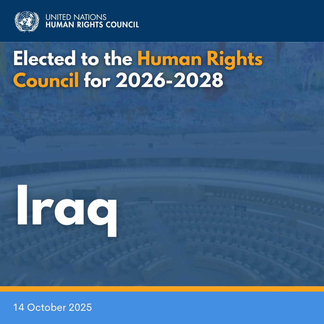 EmbEspIraq's tweet image. Congratulations to Iraq for its election today as a member of the United Nations Human Rights Council (@UN_HRC) for a three-year term beginning on 1 January 2026.