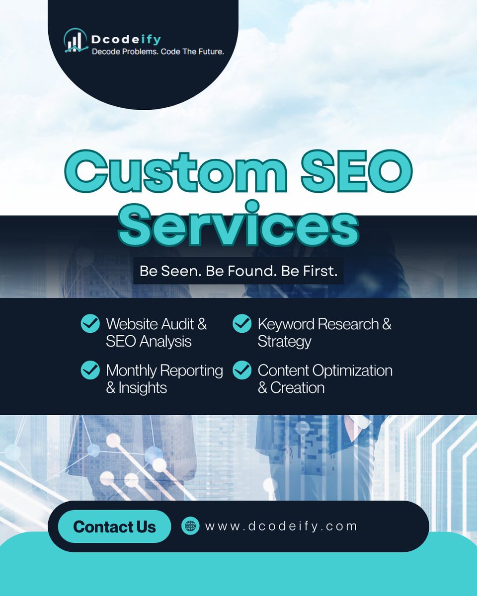 Dcodeify's tweet image. Your customers are searching. 🔎
Make sure they find you — not your competitors.
💡 Tailored SEO strategies that drive real growth.
💻 dcodeify.com
#CustomSEO #BusinessGrowth #OnlineVisibility #Dcodeify