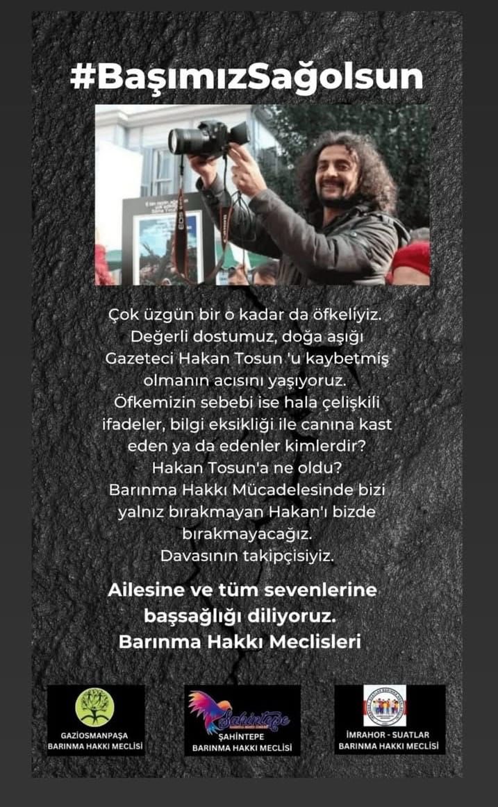 Yaşam savunucusu, gazeteci dostumuz Hakan Tosun'u uğurluyoruz. 
🗓️ 16 Ekim Perşembe 13.00
📍Nurtepe Metro Meydanı'nda toplanıp Nurtepe Cemevi'ne yürüyoruz.
