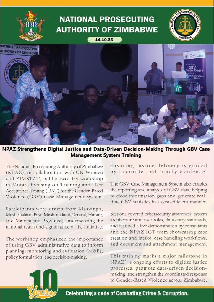 NPAZim's tweet photo. NPAZ Strengthens Digital Justice and Data Driven Decision Making Through GBV Case Management System Training 
#CombatingCrimeAndCorruption
@gwasbuz @WekwaDakwa @unwomenzw @ShamwariyeMwana @MwanasikanaW @enkudheni @ZimWomenLawyers @ZBCNewsonline @ManicaPostZim @zimstar_news https://t.co/2s7qFsoWgC