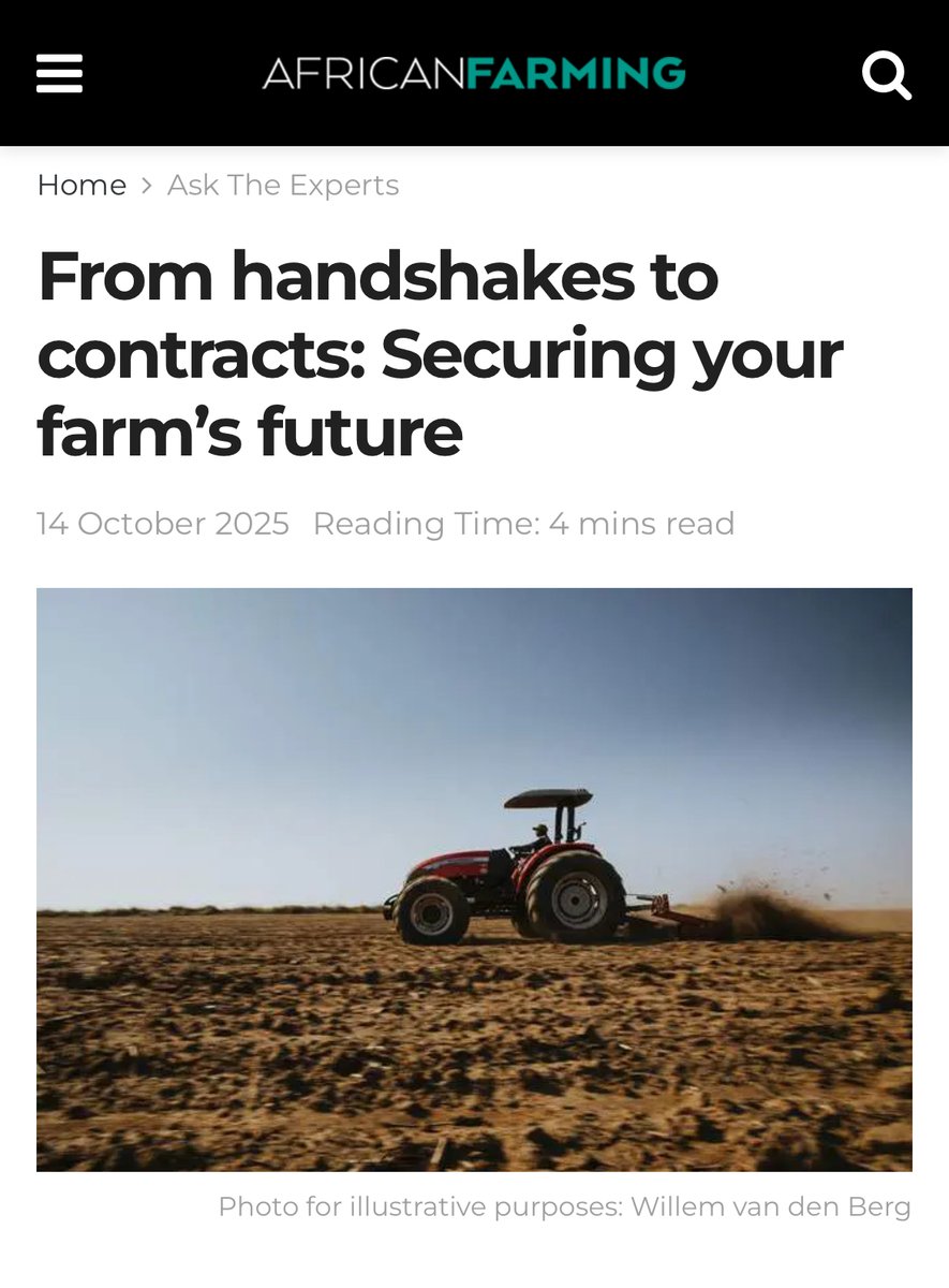 VanguardLegalSA's tweet photo. 🤝 Many farmers still rely on handshake agreements. But when inputs arrive late or quality falls short, that handshake won’t protect your farm.

A written contract can. 

It brings clarity, accountability and peace of mind.

Read 👇

#farmer #InCaseYouMissedIt #Contracts https://t.co/CgOpOXooJE