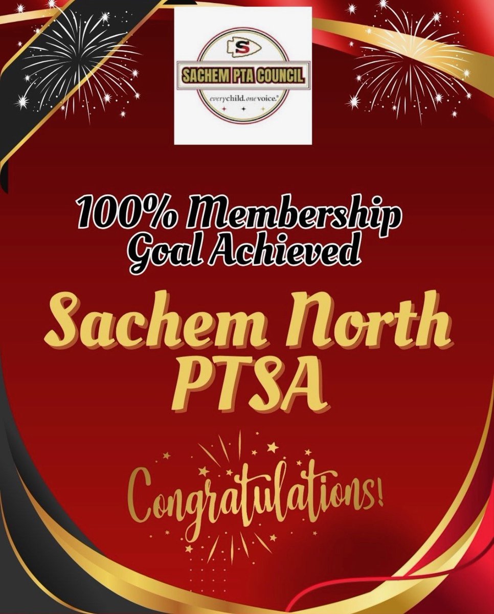 🎉 Way to go, Sachem North High School PTSA  reached 100% membership!

Thanks to everyone who joined and showed up for our students.
#sachempride❤️🖤💛 #PTAStrong #sachemnorthhighschool