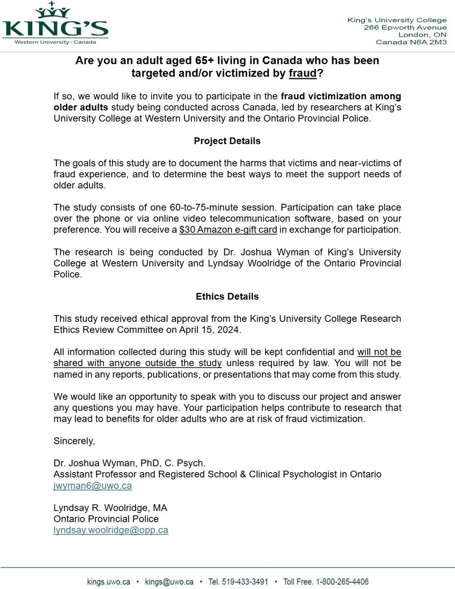 📢Are you aged 65+ living in Canada and have been targeted by fraud/scam attempts? Share your experiences in a research study by <a href="/KingsAtWestern/">King's at Western</a> &amp; the #OPP. 🕘60-75 min💰$30 Amazon e-gift card 📧 lyndsay.woolridge@opp.ca

See below for details.

 #OlderAdults #FraudPrevention