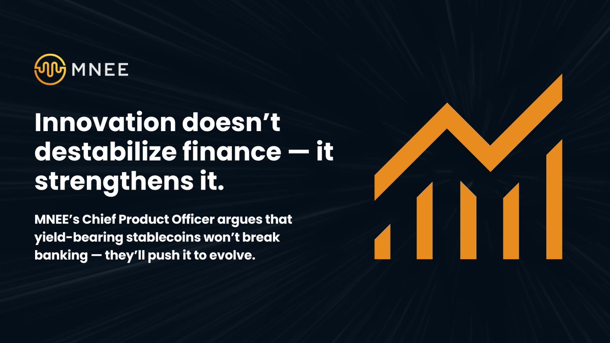 MNEE USD (@mnee_cash) on Twitter photo 📰Yield-bearing stablecoins won’t collapse the system — they’ll challenge it. 
In <a href="/cryptodotnews/">crypto.news</a>, <a href="/MNEE_cash/">MNEE USD</a> 's Chief Product Officer <a href="/HarbindL/">Harbind Likhari</a>  explains why banks should compete, not fear innovation.
🔗Read here: shorturl.at/NYYjf
#Stablecoins 📰Yield-bearing stablecoins won’t collapse the system — they’ll challenge it. 
In <a href="/cryptodotnews/">crypto.news</a>, <a href="/MNEE_cash/">MNEE USD</a> 's Chief Product Officer <a href="/HarbindL/">Harbind Likhari</a>  explains why banks should compete, not fear innovation.
🔗Read here: shorturl.at/NYYjf
#Stablecoins