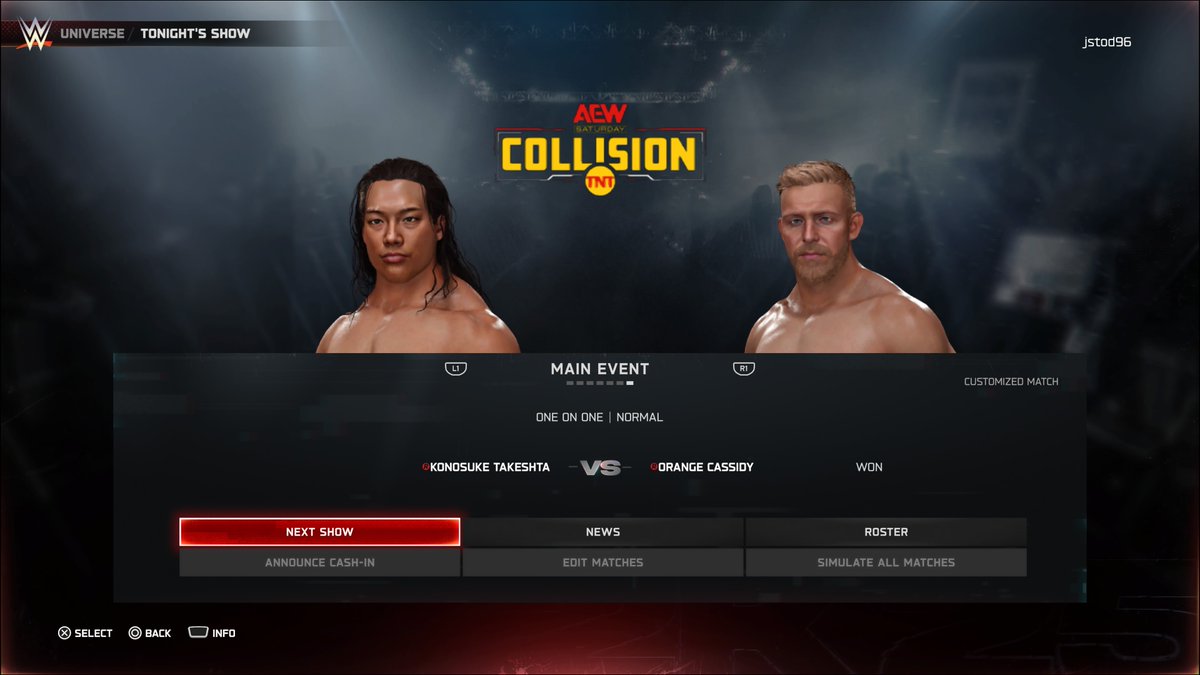 stods2k's tweet photo. And your main event!

Orange Cassidy def. Konosuke Takeshita

Samoa Joe's distraction causes the Alpha to lose this no.1 contender's match for the Unified Championship.

#AEWCollison #Stods2K https://t.co/IKszT4UEtm
