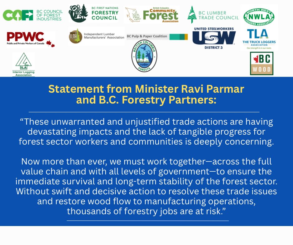 Trump’s reckless tariffs hurt BC workers, families, and communities that depend on forestry.

We’ll stand together: government, workers, industry, and First Nations to defend jobs, protect paycheques, and fight for the future of this nation-building sector.

#ForestryBC #BCPoli