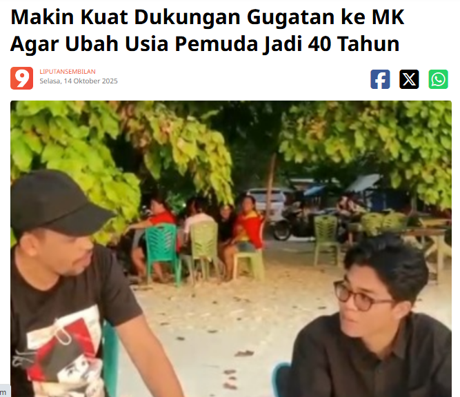 banyak orang tua ngaku pemuda/mahasiswa, apa gak malu merebut porsi anak muda, <a href="/officialMKRI/">Mahkamah Konstitusi</a>  hrs tegas tolak gugatan yg ingin rubah usia pemuda jadi 40tahun 
<a href="/KEMENPORA_RI/">KEMENPORA RI</a> <a href="/kemenkum/">Kementerian Hukum RI</a> <a href="/DPR_RI/">DPR RI</a> <a href="/PartBurungGalak/">🇮🇩 Partai Burung Galak 🇮🇩</a>  <a href="/DPDRI/">Senator Indonesia</a> <a href="/grok/">Grok</a> <a href="/AHMADDHANIPRAST/">Dhani Ahmad Prasetyo</a> <a href="/kegblgnunfaedh/">Kegoblogan.Unfaedah</a> 
liputansembilan.com/2025/10/makin-…