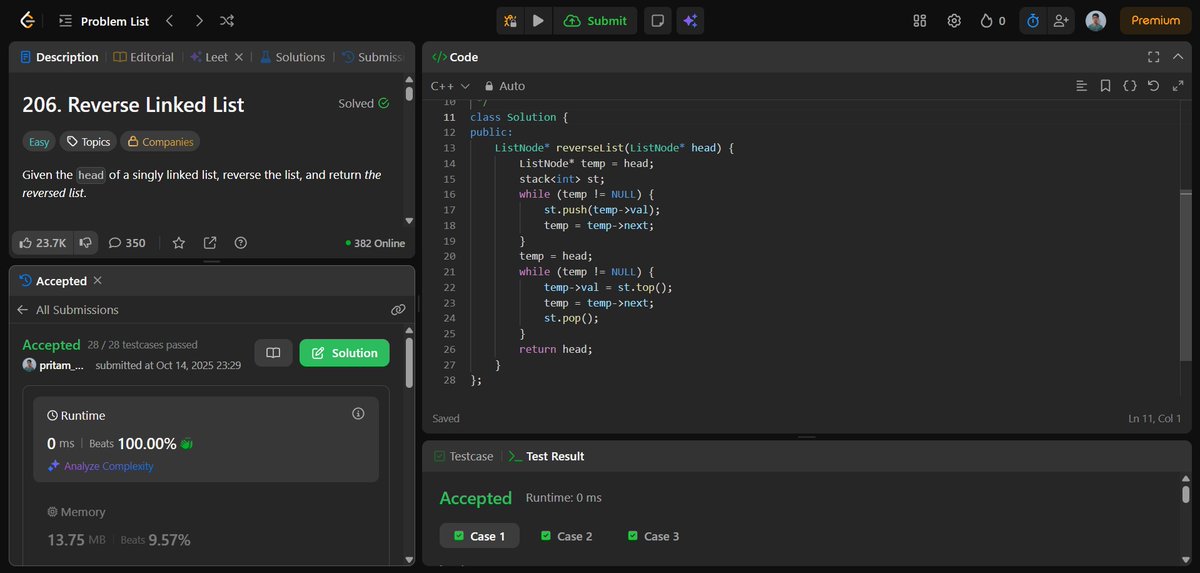 pritam_mandal77's tweet image. 🗓️ Day 75 of #100DaysOfDSA
Solved LeetCode 206 – Reverse Linked List using:
1️⃣ Iterative Way
▪️ Brute: Used stack - O(2n) time & O(n) space
▪️Optimized: Pointer reversal - O(n) time & O(1) space
2️⃣ Recursive Way
▪️O(n) time & O(n) space
Loved exploring multiple approaches!