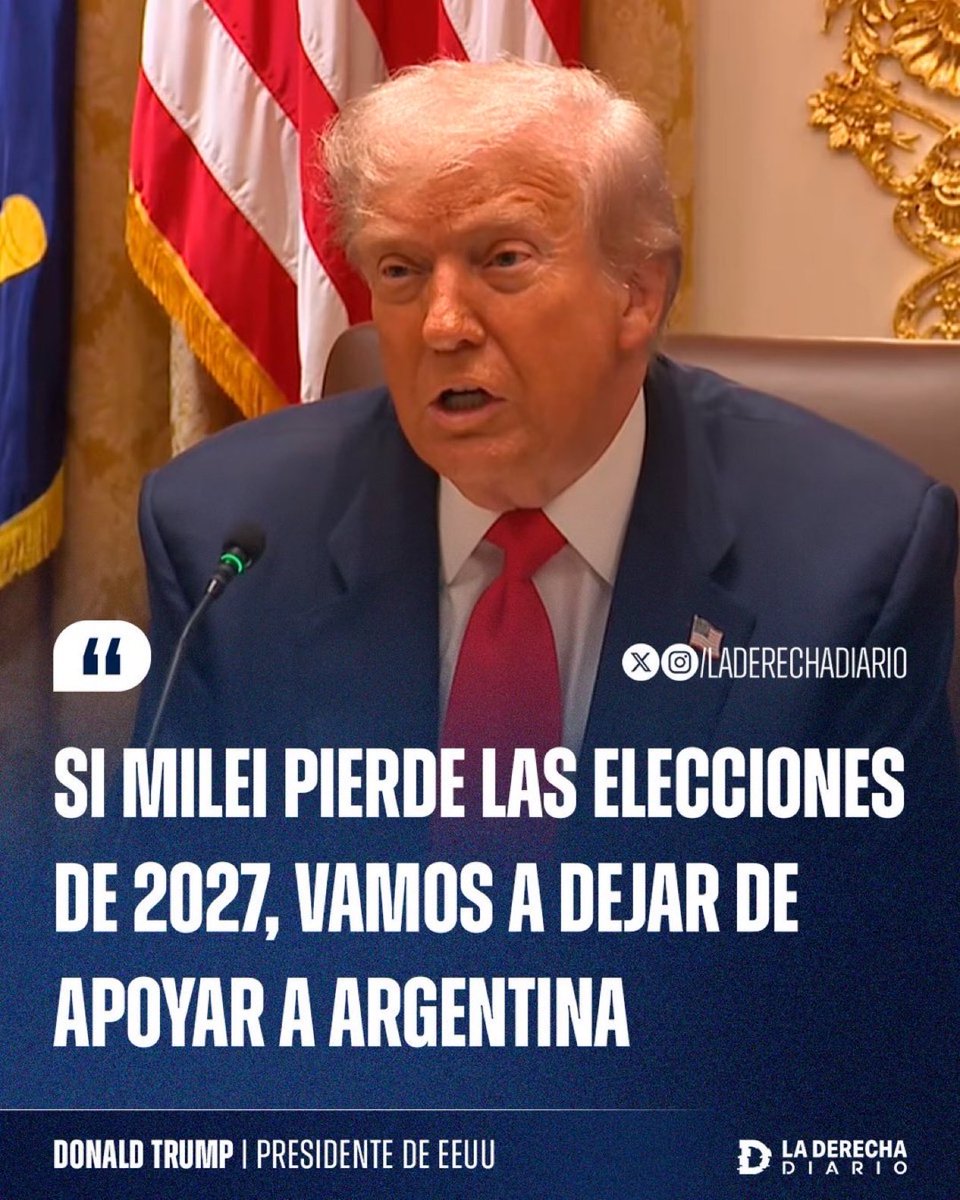 “No seré generoso con comunistas.”

Donald Trump literalmente dijo que si no ganamos en 2027, nos retira TODO el apoyo. Creo que está claro a quién votar.

La Libertad Avanza o Argentina retrocede.