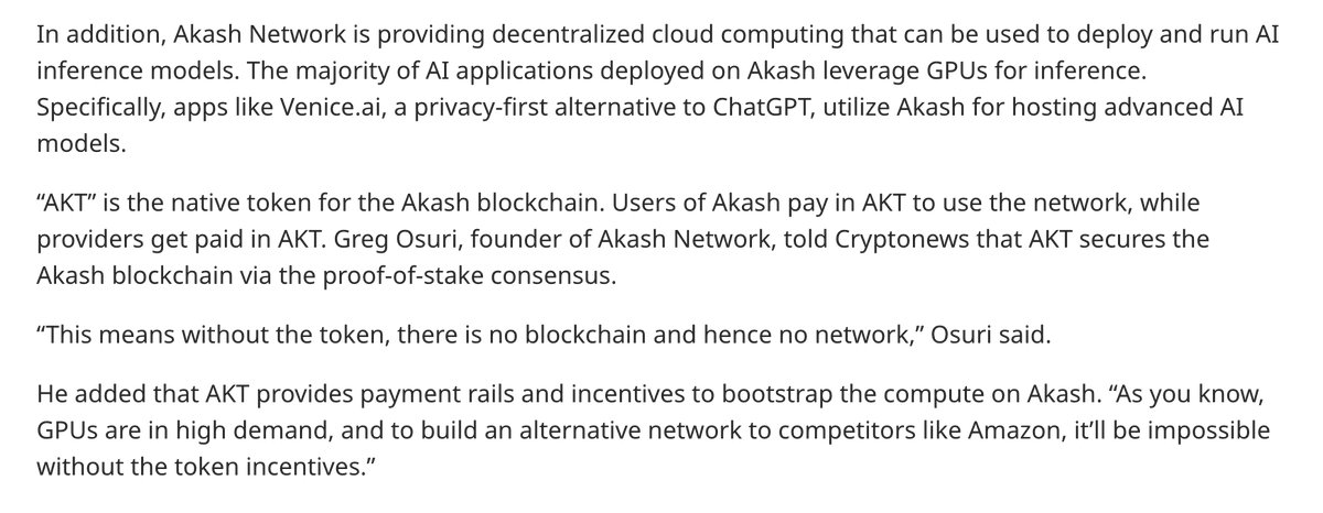 akashnet's tweet image. The intersection of crypto and AI is driving tangible, real-world applications.

$AKT already powers open GPU access, making decentralized compute a reality, not a theory.

Read more about Greg Osuri’s take in this article 👇
cryptonews.com/news/why-ai-to…