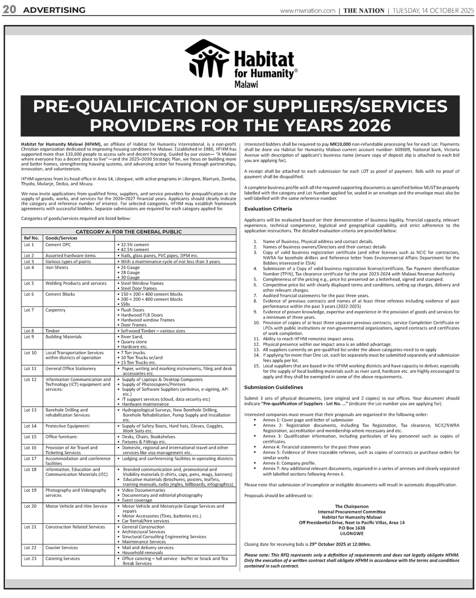 📢 Call for Applications! 📢

Habitat Malawi invites reputable firms and suppliers to prequalify for providing goods, works, and services in the 2026-2027 financial years.

🔹State your category and reference number.
🔹 Separate submissions per category may be needed.
Details: