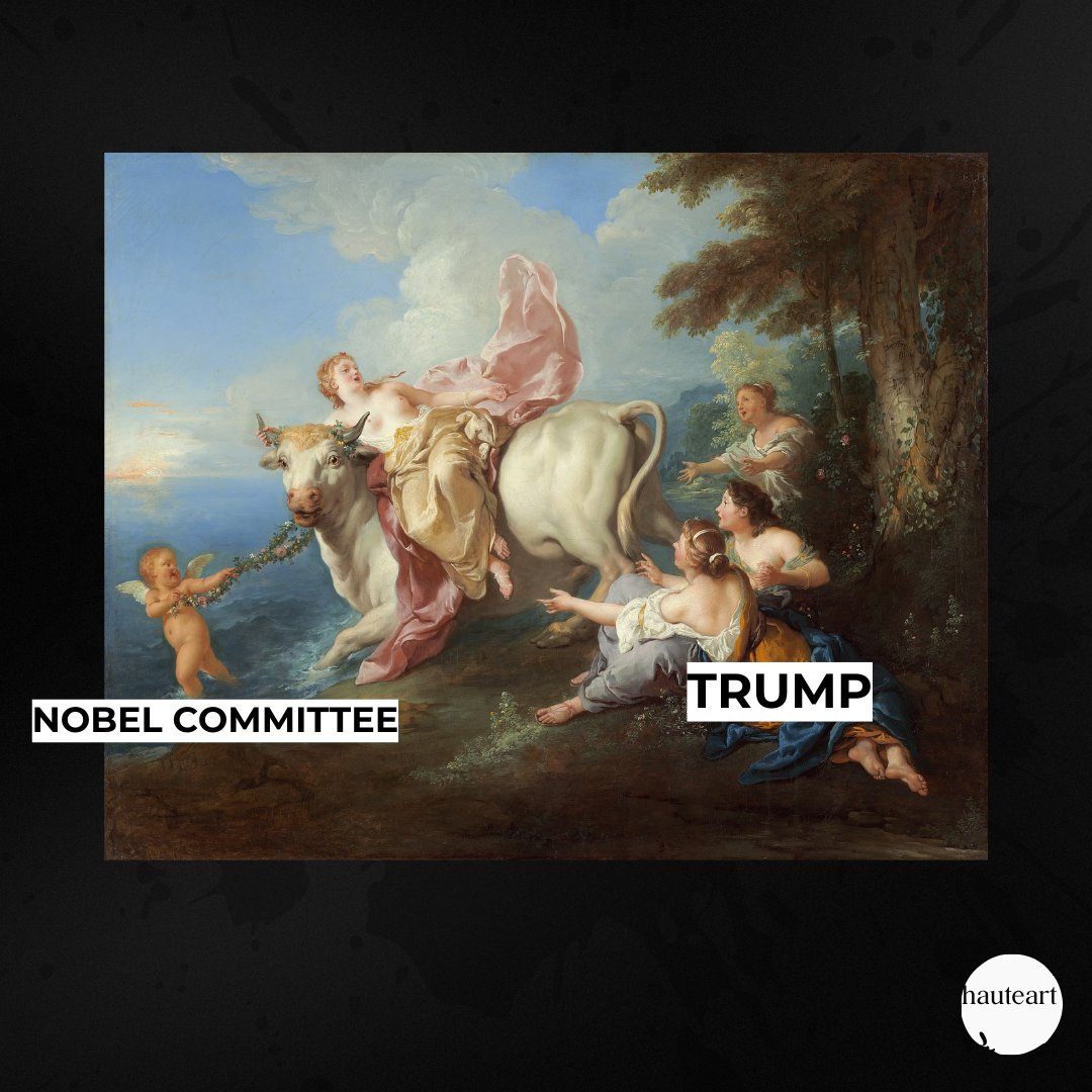 hauteart's tweet image. When ancient gods tune into modern news — art becomes satire. Europe isn’t abducted by Zeus anymore, but by attention. 

Trump and the Nobel Committee — the new mythology of the 21st century, a farce painted in classical tones.

#artmeme #arthumor #classicalmemes #trump…