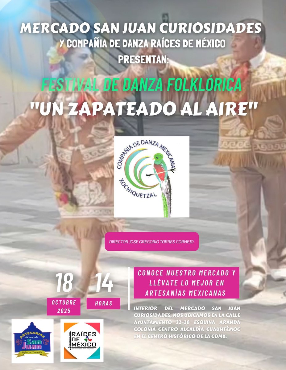 El festival de danza "Un zapateado al aire" tiene como invitada a la Compañía de danza Folklórica XOCHIQUETZAL, bajo la dirección del Maestro Gregorio Torres este sábado 18 de OCTUBRE del 2025 a la 2pm. Los esperamos!
#artesaniasmexicanas
#danzafolklorica
#viral