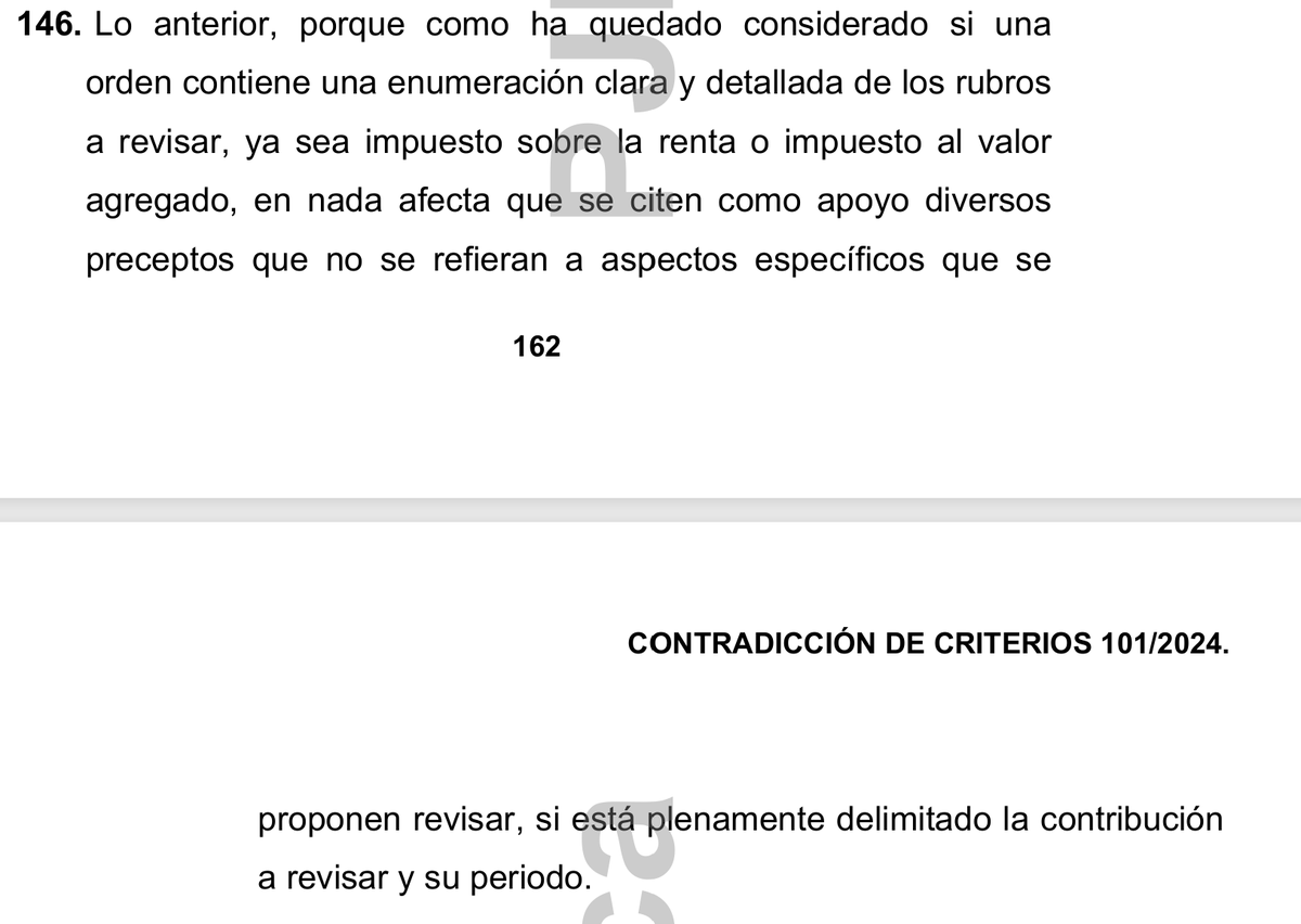 GilLuisJ92's tweet photo. PROYECTO CC 101/2024 PLENO REGIONAL CENTRO-NORTE
Tratándose de órdenes de visita o de revisiones de gabinete en las que se pretenda verificar el cumplimiento a las obligaciones derivadas del Impuesto Sobre la Renta y del Impuesto al Valor Agregado, es necesario que se precise el nombre o rubro del impuesto a comprobar, así como el fundamento legal de la facultad comprobatoria de la autoridad fiscalizadora, con lo que se acata el principio de seguridad jurídica previsto en el artículo 16 de nuestra Constitución.