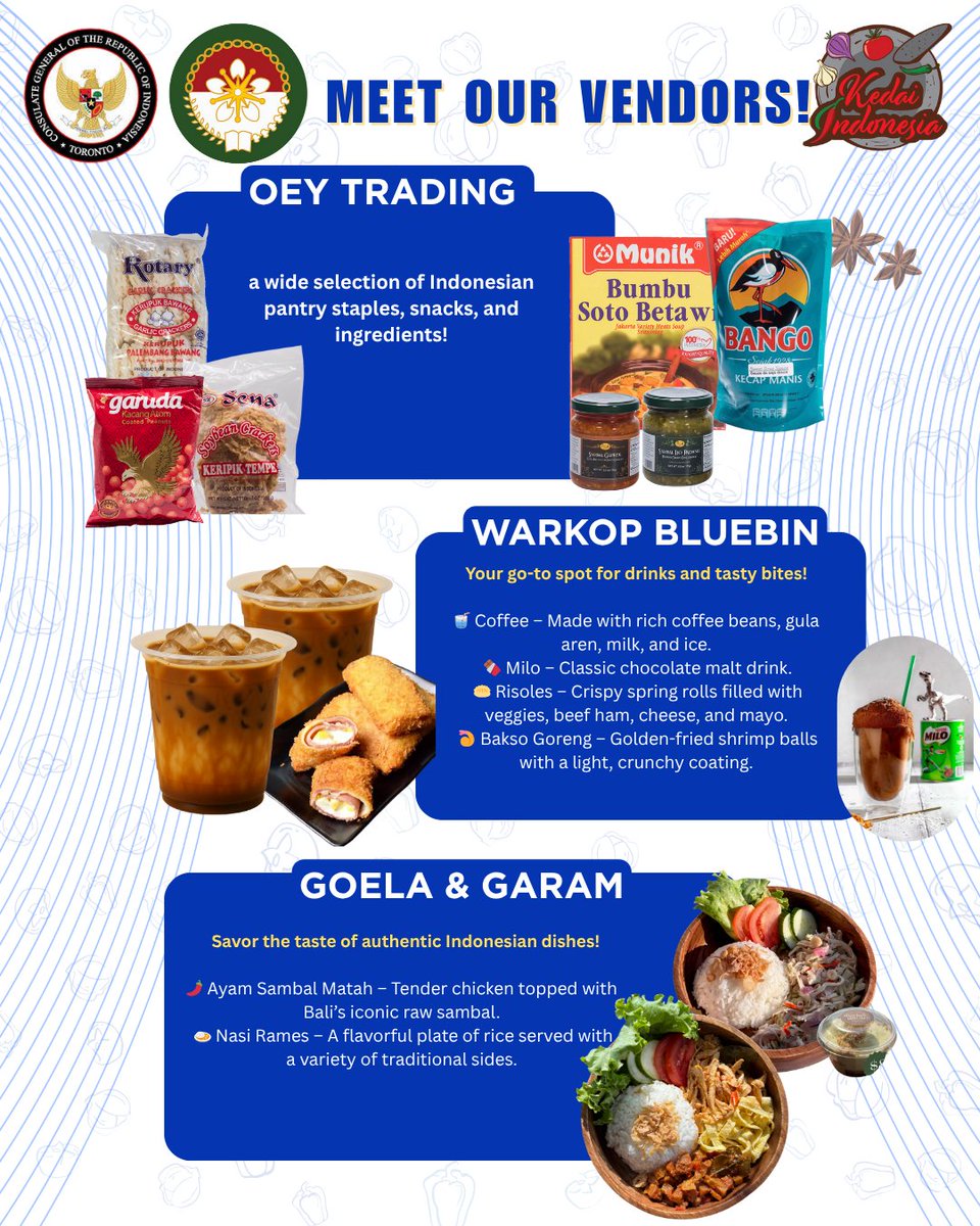 INAinToronto's tweet photo. Kedai Indonesia returns on Saturday, October 25, 2025! Check out a vibrant lineup of vendors serving up mouthwatering Indonesian cuisine and a wide array of authentic products. #KJRIToronto #KedaiIndonesia https://t.co/cKRGtQWYDz