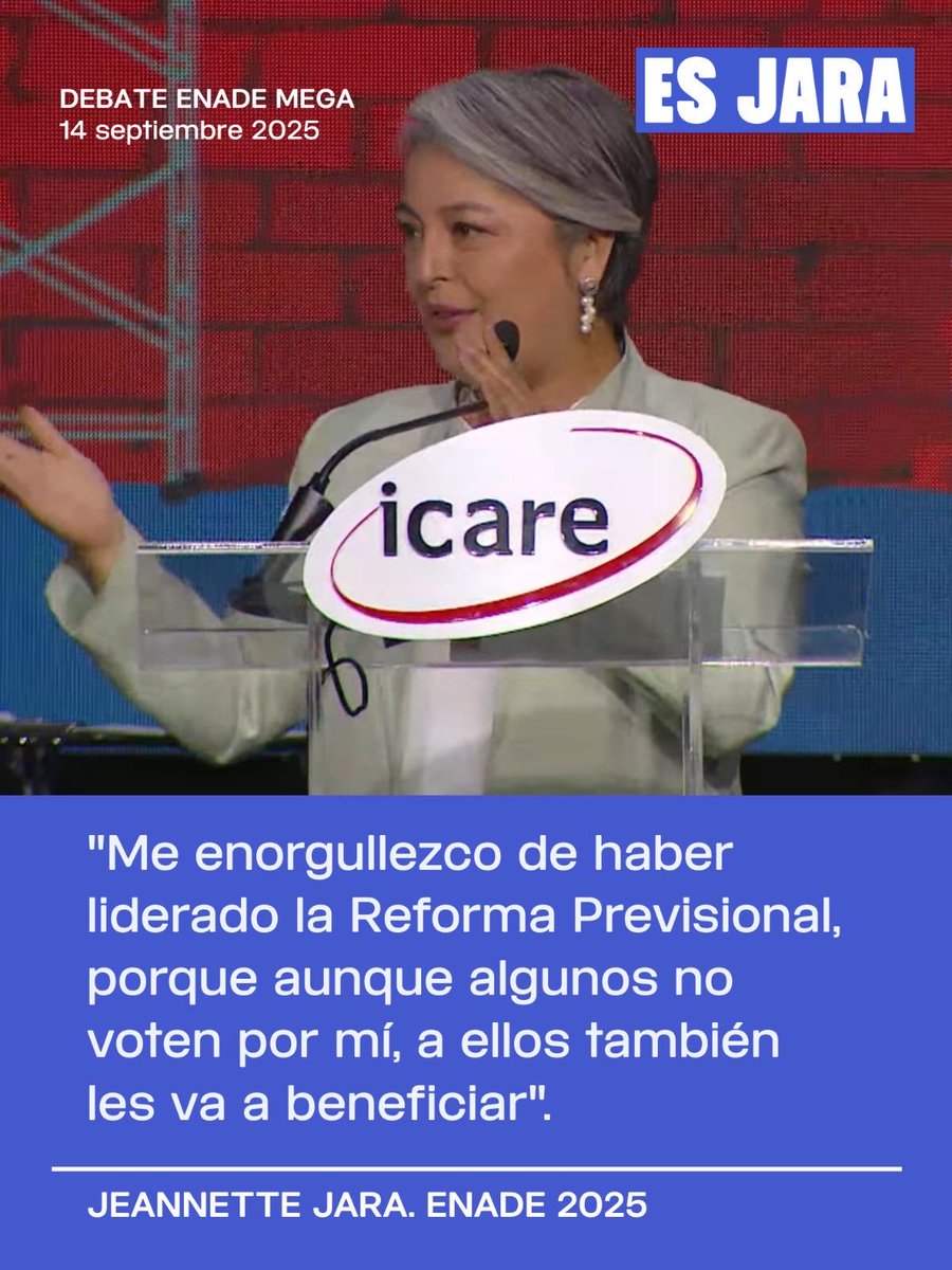 En el debate ENADE, Jeannette Jara recordó una verdad simple: cuando se gobierna pensando en el bien común, los avances benefician a todos.

La Reforma Previsional fue un paso histórico, y ella lo lideró con convicción.
#Enade2025 #JaraPresidenta