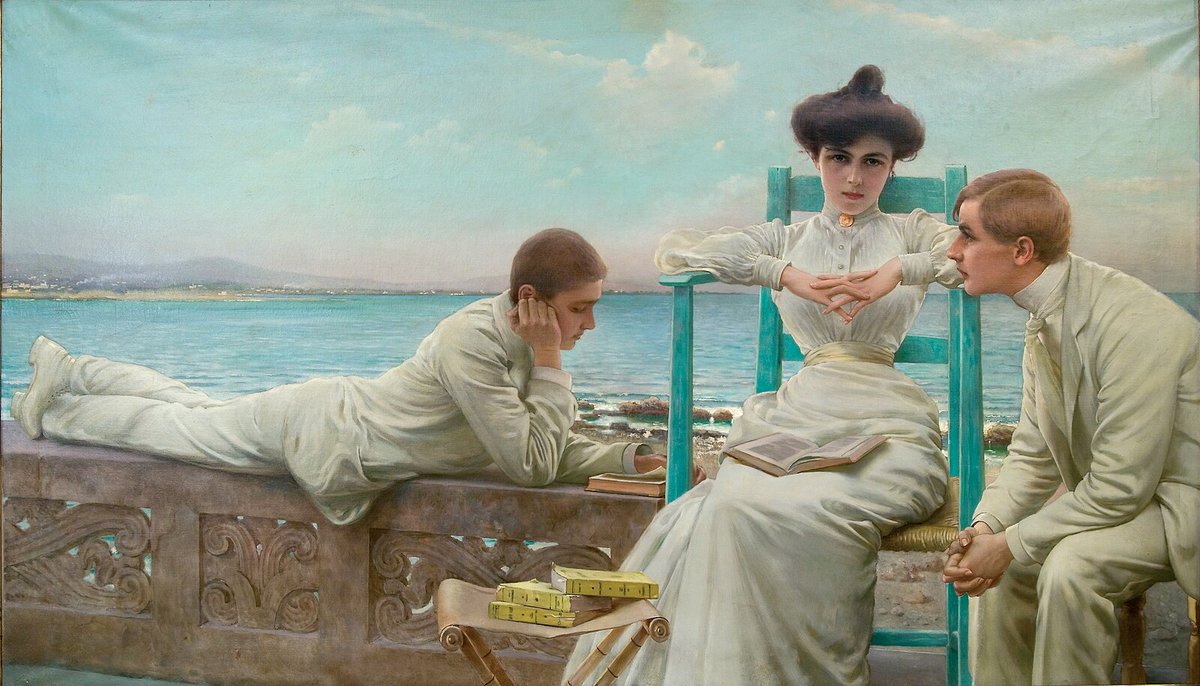 Vittorio Matteo Corcos (1859 – 1933) - "Reading by the Sea" (1910)
#art #painting #artlover 
Corcos was an Italian painter, known for his portraits. Many of his genre works depict winsome and finely dressed young men and women, in moments of repose and recreation.