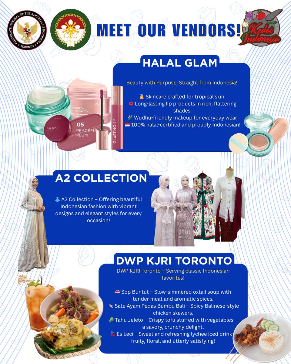 INAinToronto's tweet photo. Kedai Indonesia returns on Saturday, October 25, 2025! Check out a vibrant lineup of vendors serving up mouthwatering Indonesian cuisine and a wide array of authentic products. #KJRIToronto #KedaiIndonesia https://t.co/N33K7docau