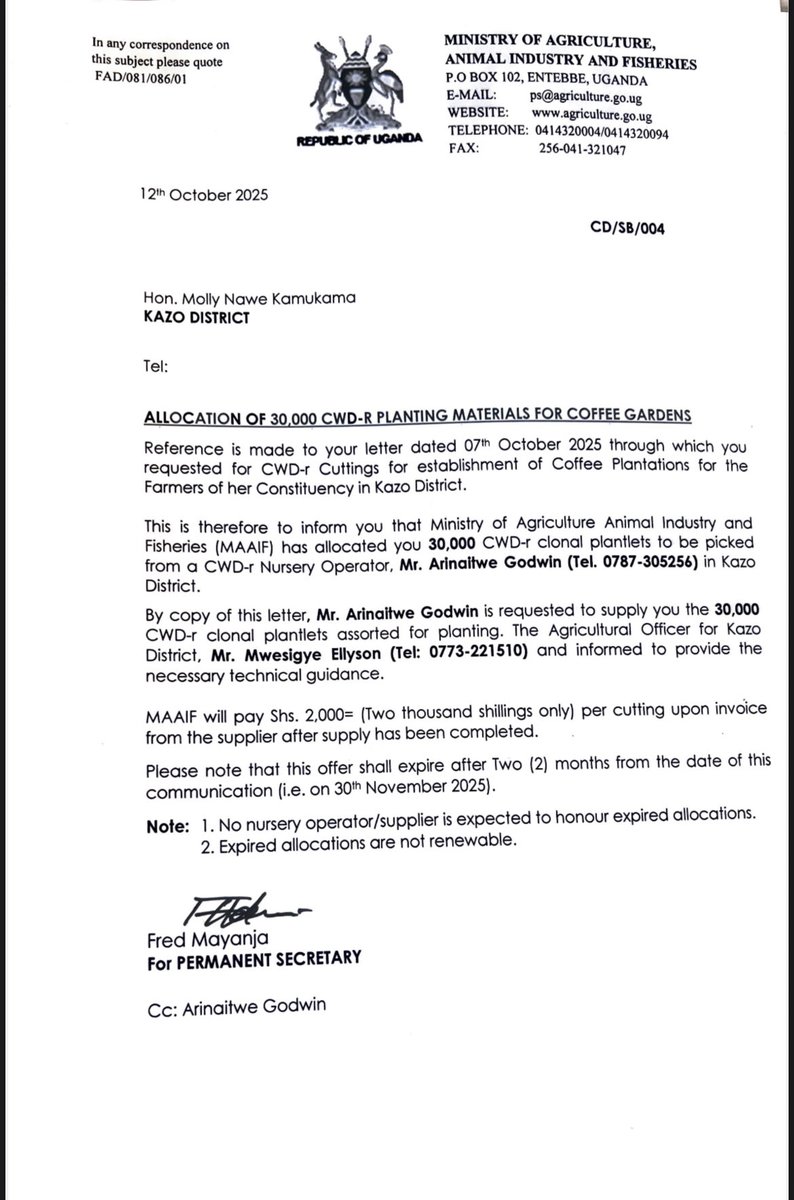 mollykamukama's tweet photo. I am glad to have secured 100,000 CWD-R coffee planting materials for Kazo farmers! 

Grateful to @MAAIF_Uganda for this support. 

I pledge to continue supporting H.E @KagutaMuseveni in his quest to get more Ugandans into the money economy

#GambaNokora #ProtectingTheGains https://t.co/71jtKHLAAl