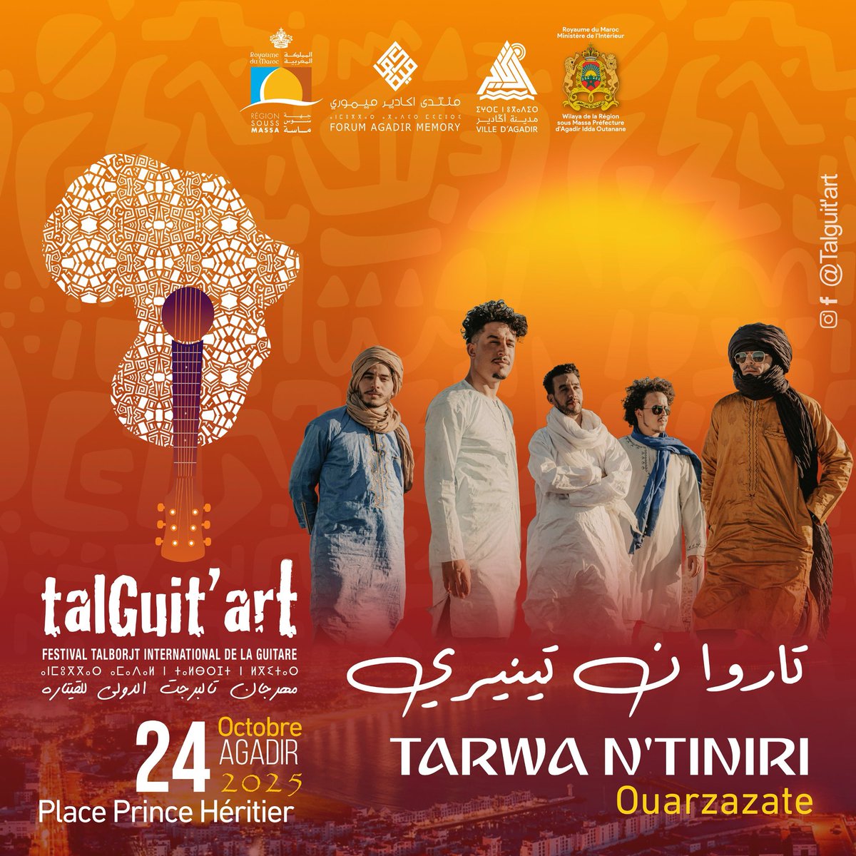 Catch us live!
At TalGuit’art Festival 2025 – Agadir!

📍 Place Prince Héritier, Agadir
🗓 October 24th, 2025

#tarwantiniri #talguitart #agadir #ouarzazate #desertblues #sahararecords #moroccanmusic #worldmusic #amazighmusic #liveconcert #festival #tour2025 #saharavibes