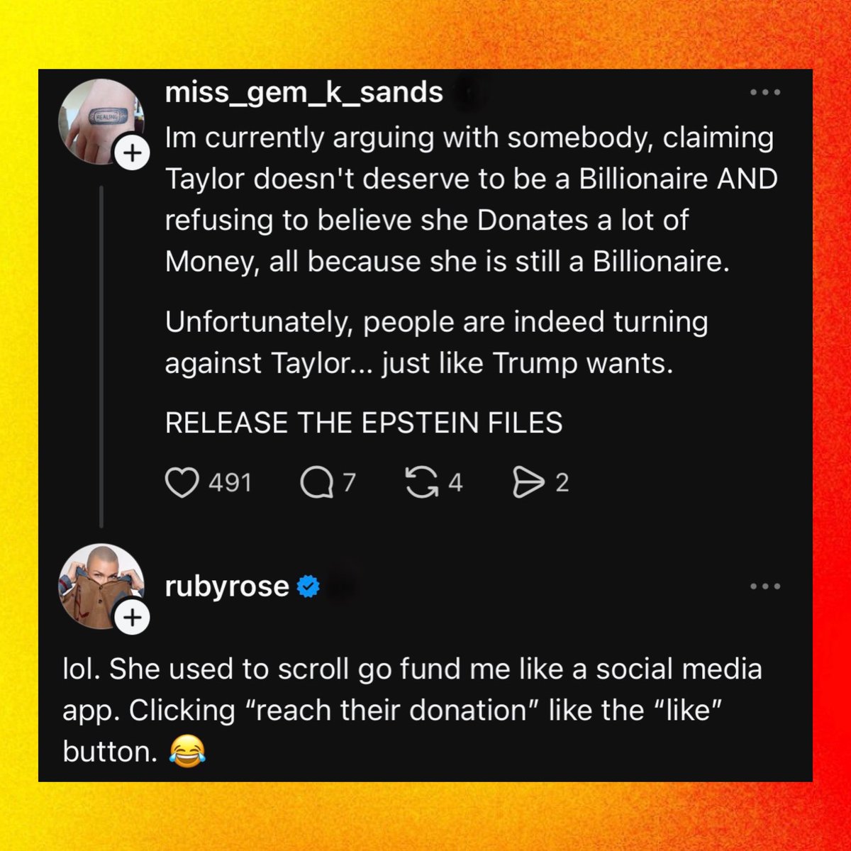 PopCrave's tweet image. Ruby Rose defends Taylor Swift following MAGA allegations:
โAs someone who has spent many nights discussing the world, social injustice and life, with The Show Girl herself. I refuse to say her name in the same sentence as the hate groupโฆโ