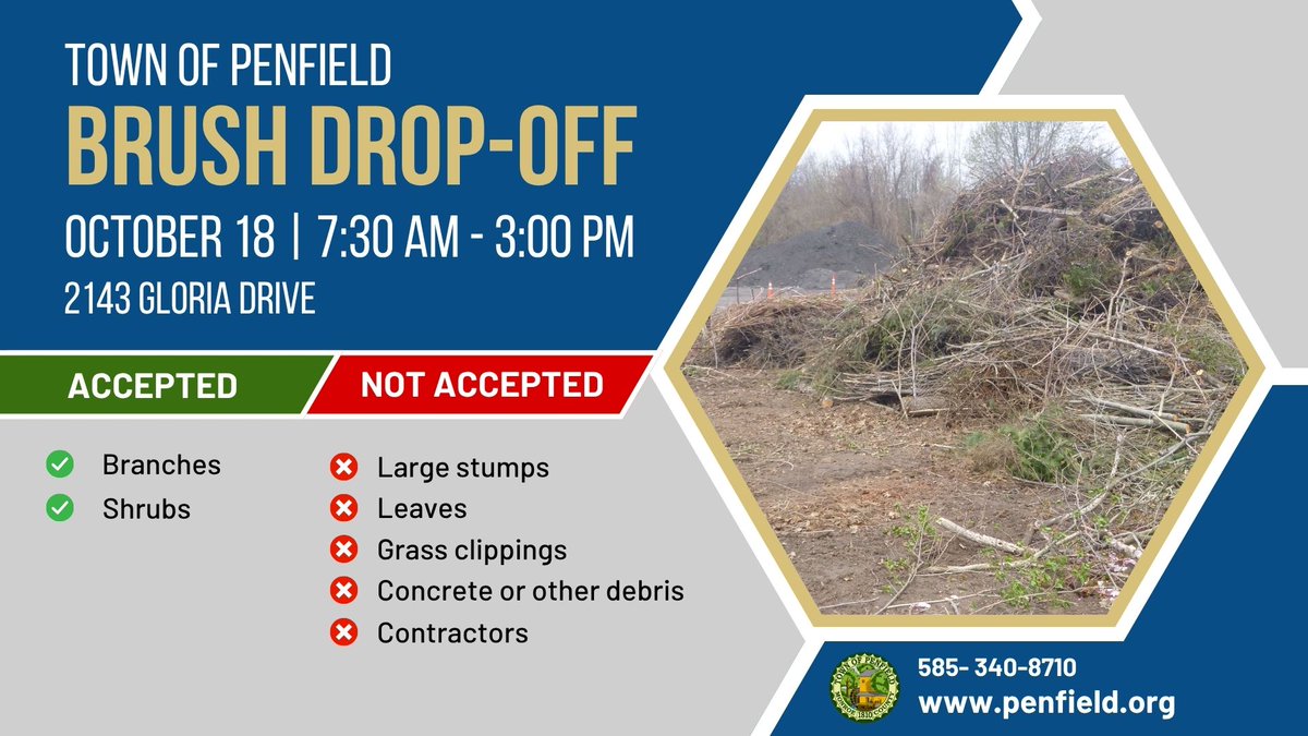 We're hosting brush drop-off this Saturday, October 18, from 7:30 a.m. to 3 p.m.

📍 2143 Gloria Drive

Can't make it Saturday? We also offer weekday brush drop-off Monday through Friday from 9 a.m. to 2:30 p.m.

More info: penfield.org/news_detail_T3…