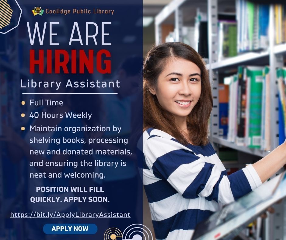 Calling all book lovers, organizers, and multitaskers! The Coolidge Public Library is looking for a Library Assistant to help us bring stories to life.

Help patrons, plan programs, and keep the magic of the library alive. Apply now: bit.ly/ApplyLibraryAs…
