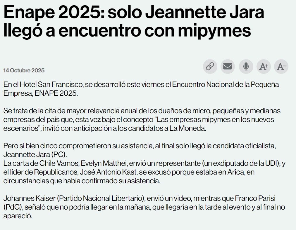 El compromiso con las pymes, la generación de empleos y el crecimiento ecónomico se plasma con hechos, no con declaraciones que se las lleva el viento. Nuestra candidata Jeannette Jara fue la única que llegó al ENAPE 2025, el encuentro más grande de Mipymes que hay en Chile.