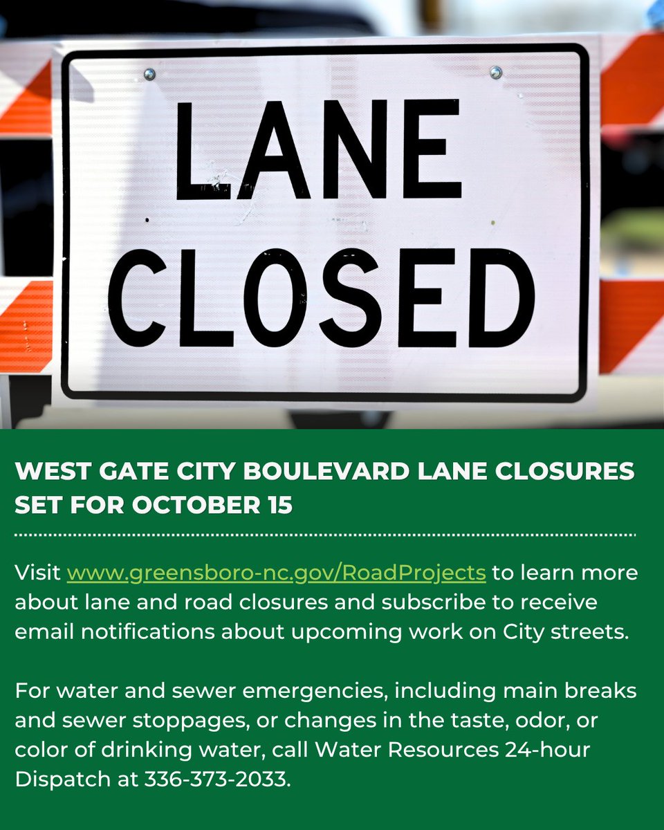 GSOGoesGreen's tweet photo. @GreensboroCity West Gate City Boulevard Lane Closures Set for October 15 

Beginning Wednesday, October 15, two eastbound lanes of West Gate City Boulevard, from Farmington Drive to Oakwood Drive, will be closed from 9 am to 5 pm due to sewer manhole repair work. https://t.co/gYvCex57Va