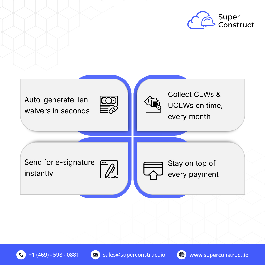 isuperconstruct's tweet image. Automate lien waivers in seconds. Generate, e-sign, and track payments with ease — no more manual work or missed deadlines. Start your free trial today at superconstruct.io.

#LienWaivers #ConstructionSoftware #PaymentAutomation #SuperConstruct