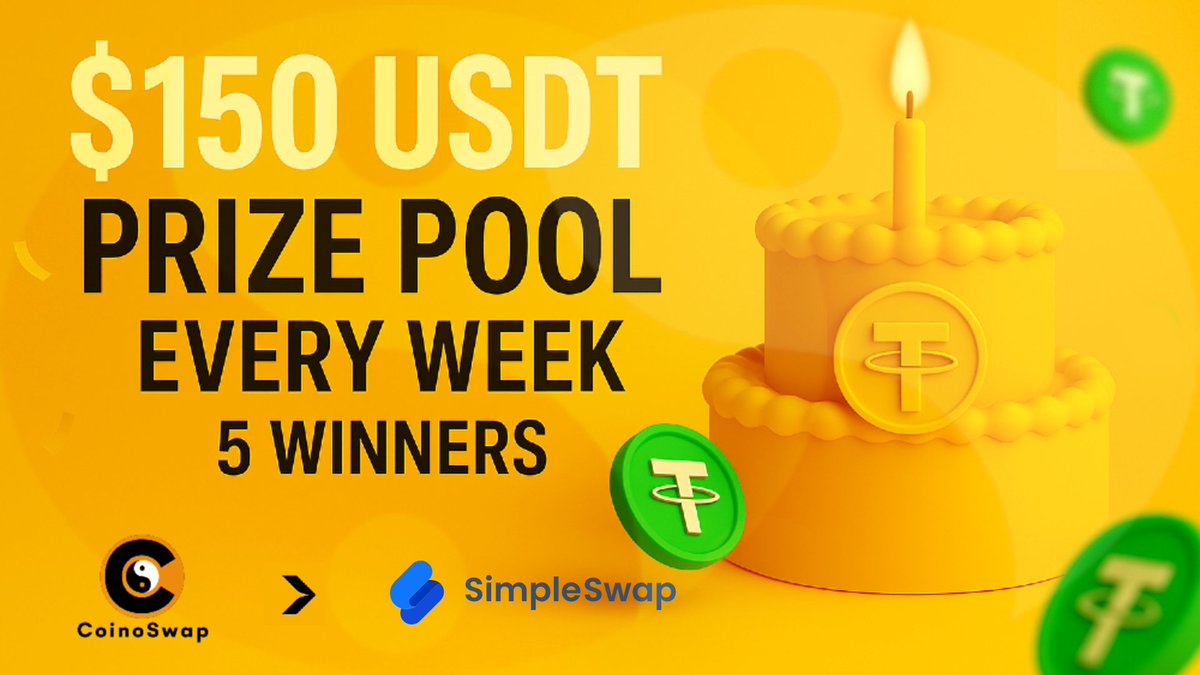 CoinoSwap's tweet image. As we continue, ANOTHER -🏆 $150 USDT Prize Pool 💸
This week we’ve partnered with @SimpleSwap_io🤝 to bring you more rewards to celebrate our 1st Birthday Month! 🥳
🕛 Starts: Today 12 PM UTC - ends Oct 21
👉 Join the Giveaway:
1. Follow @CoinoSwap
2. Follow @SimpleSwap
3.…