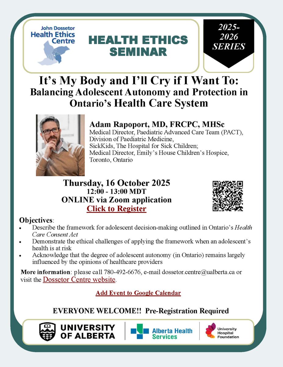 Thursday, 16 October 2025 12:00-1:00 pm MDT, the Dossetor Centre is hosting a Health Ethics Seminar, "It’s My Body and I’ll Cry if I Want To", by Adam Rapoport, MD, Medical Director, PACT, SickKids. secure.campaigner.com/CSB/Public/arc…